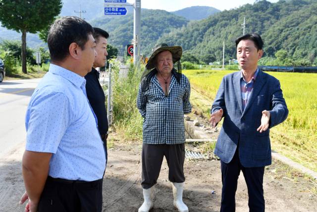 ▲ 사진은 화천지역 올해 첫 벼베기가 27일 화천읍 풍산리에서 최문순 화천군수가 참석한 가운데 있었다.