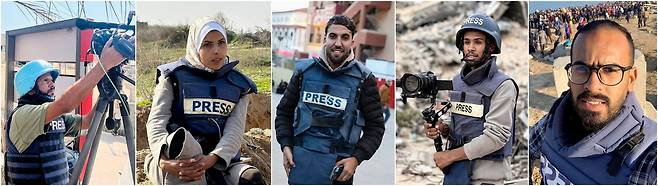 25일 이스라엘군의 가자지구 남부 나세르 병원 공습으로 숨진 언론인 5명의 사진. (왼쪽부터) 로이터 계약 사진기자 후삼 알마스리, AP 프리랜서 기자 마리암 아부 다가, 로이터 등 여러 언론사에 기고했던 프리랜서 기자 모아즈 아부 타하, 알자지라에서 활동했다고 전해진 모하메드 살라마, 아흐메드 아부 아지즈의 사진. 로이터연합뉴스