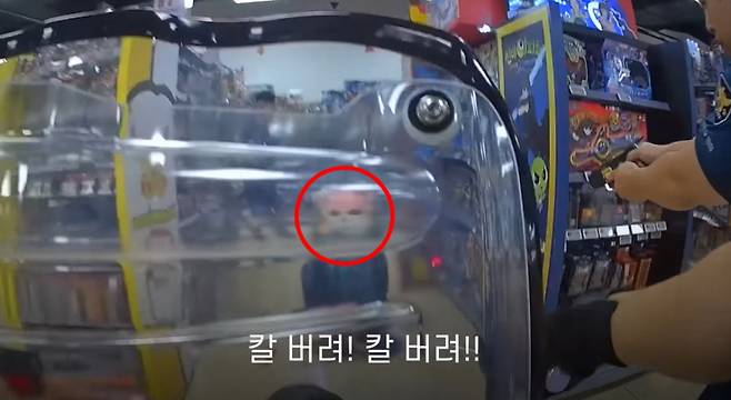 인형 탈을 쓰고 양손에 흉기를 든 채 어린이들을 위협하며 장난감 가게를 활보한 20대 여성이 경찰에 붙잡혔다. 체포 당시 모습. /사진=경찰청 유튜브 채널 '대한민국 경찰청' 화면 캡처