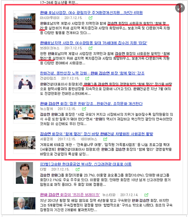 8년 전에도 한화 김승연 회장의 구속집행정지 관련 의혹을 보도하자 곧 미담 기사로 포털이 도배됐다. (출처 : 미디어오늘)