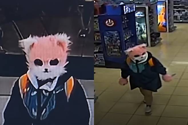 지난 2일 경남 거제의 한 대형마트에서 인형 탈을 뒤집어쓰고 흉기로 시민들을 위협하던 20대 여성이 경찰에 붙잡혔다. 대한민국 경찰청 유튜브 캡처