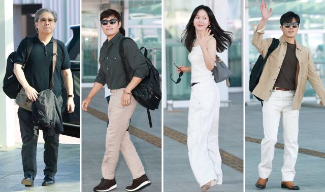 박찬욱(왼쪽부터) 감독, 배우 이병헌, 손예진, 박희순이 베네치아영화제 참석을 위해 27일 인천국제공항을 통해 출국하고 있다. 뉴스1