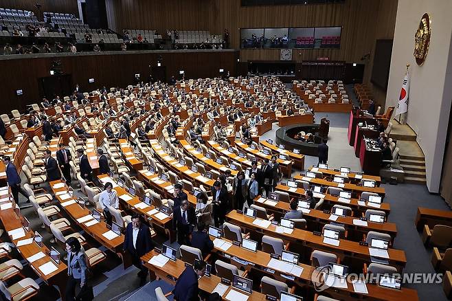 본회의장에서 나가는 국민의힘 의원들 (서울=연합뉴스) 김주성 기자 = 27일 국회 본회의에서 국가인권위원회 위원(이상현, 우인식) 선출안이 부결되자 국민의힘 의원들이 항의하며 퇴장하고 있다. 2025.8.27 utzza@yna.co.kr