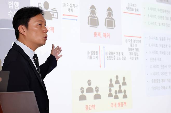 오규식 서울경찰청 사이버범죄수사2대장이 28일 서울 종로구 서울경찰청에서 알뜰폰 무단 개통과 관련된 국제 해킹조직의 총책 검거에 관해 설명하고 있다. /연합뉴스