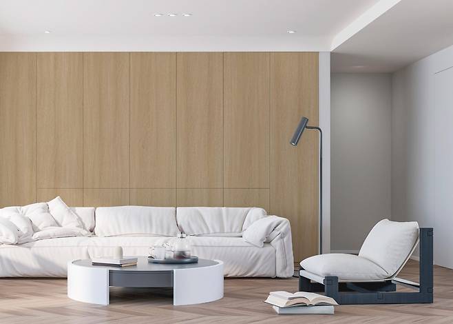 아트월에 시공된 KCC글라스 홈씨씨 비센티 인테리어 필름 럭셔리우드 오크. KCC글라스 제공