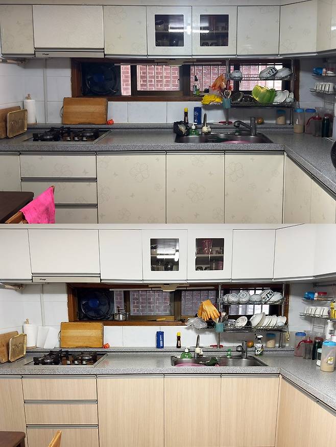 유튜버 ‘미냉이네 집’이 지난달 구독자 이벤트로 진행한 인테리어 필름 출장 시공 전(위), 후(아래) 비교 사진. 미냉이네 집 제공.