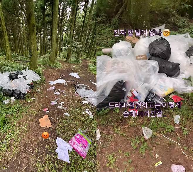 드라마 <현혹> 촬영 후 스태프들이 떠난 뒤 제주도의 한 자연 숲에 쓰레기가 마구잡이로 버려져 있는 모습이다.  사진 @6seek
