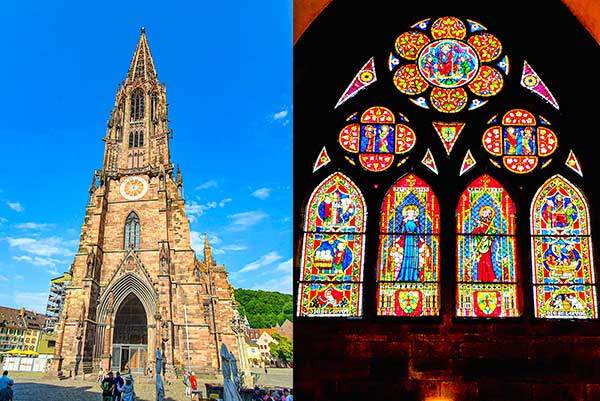 프라이부르크 대성당. 세계문화유산. 첨탑 높이가 116m에 달하는 랜드마크로 화려한 외관과 정교한 스테인드글라스가 유명하다. 광장 주변에 맛집과 기념품점, 가성비 높은 노점이 많다.