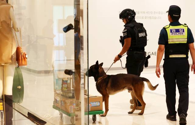 11일 광주 서구 신세계백화점에서 경찰특공대 탐지견이 폭발물 탐색을 하고 있다. 경찰에 따르면 이날 오전 9시 30분께 ‘서구 롯데백화점’에 폭탄을 설치하겠다는 신고가 접수돼 동구에 위치한 롯데백화점과 서구 신세계백화점에 경찰특공대를 투입했다. 연합뉴스