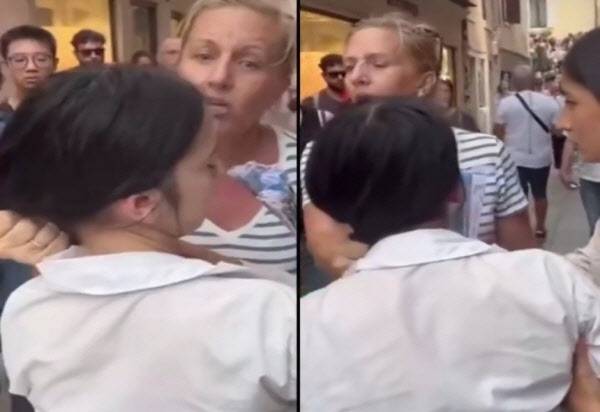 이탈리아 베네치아를 방문한 미국 여성 관광객이 소매치기범 14세 소녀의 머리채를 붙잡고 있다. (사진= SNS 캡처)