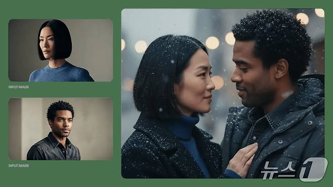 프롬프트-눈이 내리고 서로를 안고 있는 로맨틱한 순간 클로즈업 사진(구글 제공)