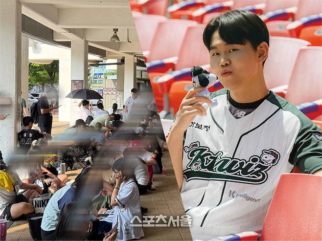 스누피 에디션을 사기 위해 기다리는 KT 팬(왼쪽). 스누피 유니폼을 입고 ‘치명적인(?)’ 표정을 짓고 있는 소형준. 수원 | 박연준 기자 duswns0628@sportsseoul.com