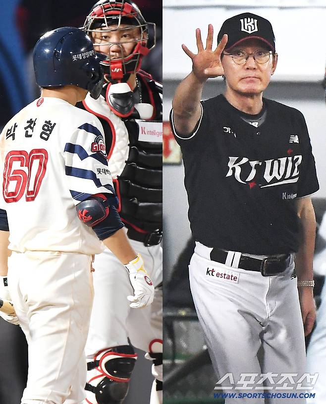 28일 부산 사직구장에서 열린 KT-롯데전. 11회말 2사 1, 3루 박찬형 타석. 이강철 감독이 자동고의4구를 지시하고 있다. 사진=정재근 기자 cjg@sportschosun.com