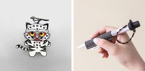 (왼쪽부터)까치 호랑이 배지, 흑립 갓끈 볼펜(사진 국립중앙박물관)