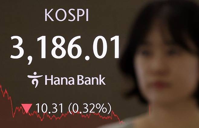 코스피가 전 거래일(3196.32)보다 10.31포인트(0.32%) 내린 3186.01에 거래를 마친 29일 오후 서울 중구 하나은행 본점 딜링룸에서 딜러가 업무를 수행하고 있다. ⓒ뉴시스