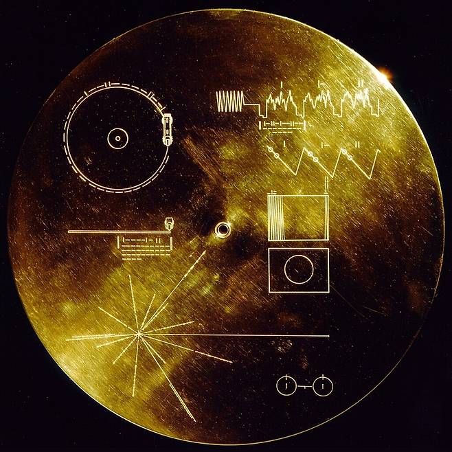 골든 레코드(Golden Record). 지구상의 생명체와 문화를 알리기 위한 소리와 사진이 기록되어 있는 음반 / NASA/JPL