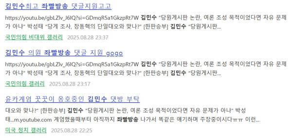 ▲ 디시인사이드 갈무리. 김민수 최고위원이 출연한 방송분에 댓글 지원이 필요하다는 글이 올라온다.