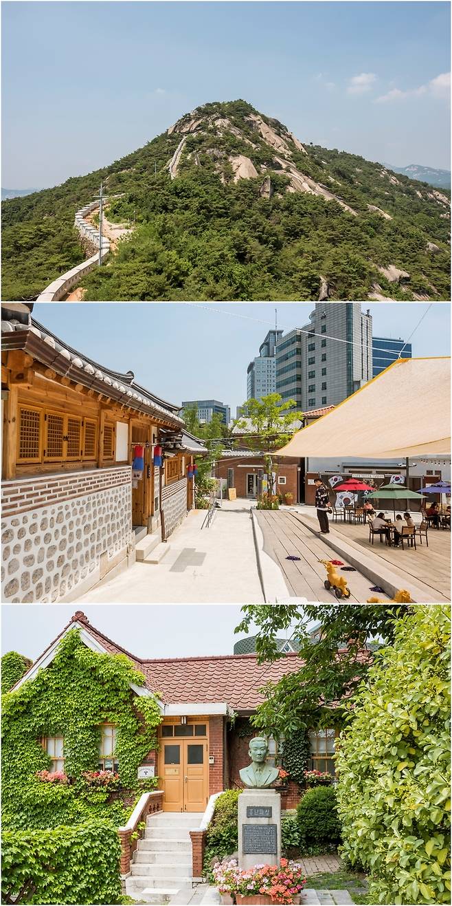 (위로부터)인왕산 정상을 향해 난 성곽, 돈의문박물관 마을, 홍난파 가옥