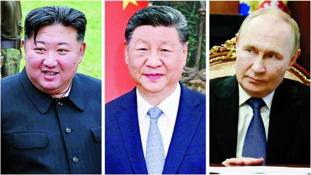 중국 전승절에 만나는 김정은 북한 국무위원장, 시진핑 중국 국가주석, 블라디미르 푸틴 러시아 대통령.(왼쪽부터) 평양 베이징 모스크바=조선중앙통신 신화 AP 연합뉴스