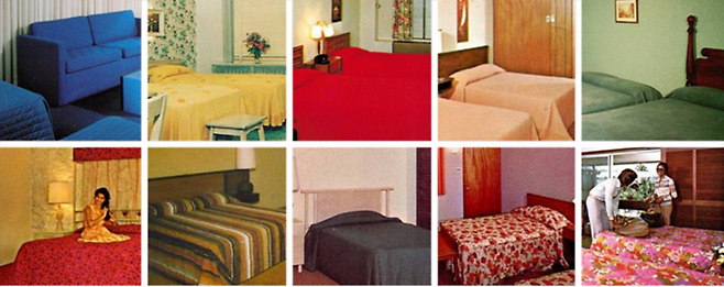 보는 것만으로도 정신이 혼미해지는 천하제일색상뽐내기대회. 1950~1970년대 미국 호텔 및 모텔 사진이다. 위 사진은 모두 과거 미디어 콘텐츠를 수집·큐레이션·판매하는 디지털 레트로 콜렉션 겸 사진 에이전시 플래시박(flashbak.com)의 2017년 아티클 ‘A Look Inside Hotel & Motel Rooms of the 1950s-70s’에서 인용한 것이다. [사진 출처=플래시박]