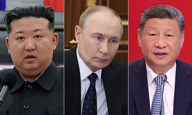 김정은 북한 국무위원장(왼쪽부터), 블라디미르 푸틴 러시아 대통령, 시진핑 중국 국가주석. 조선중앙TV·EPA·신화연합뉴스