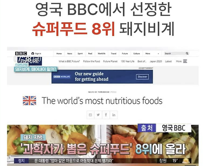 온라인으로 라드유를 판매를 하는 한 업체가 BBC와 국내 방송 화면을 캡처해 돼지비계를 소개하고 있다.