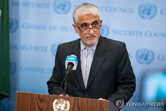 29일(현지시간) 발언하는 아미르 사에이드 이라바니 주유엔 이란 대사 [뉴욕 로이터=연합뉴스. 재판매 및 DB 금지]