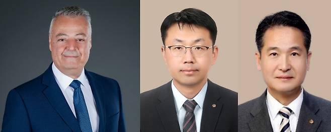 왼쪽부터 라피 발타 한화파워시스템 대표이사 내정자, 최석진 한화호텔앤드리조트 리조트 부문 대표이사 내정자, 김경수 한화호텔앤드리조트 에스테이트 부문 대표이사 내정자. (한화그룹 제공)