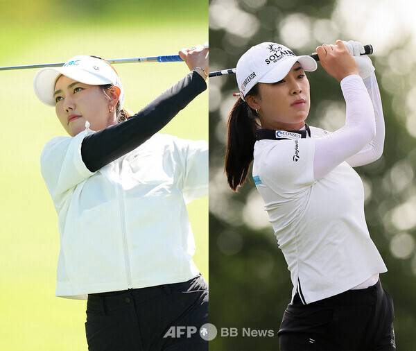 2025년 미국여자프로골프(LPGA) 투어 FM 챔피언십 우승 경쟁에 뛰어든 중국의 루키 미란다 왕이 3라운드에서 경기하는 모습이다. 함께 출전한 한국의 루키 윤이나 프로. 사진제공=ⓒAFPBBNews = News1 (사진을 무단으로 사용하지 마십시오)