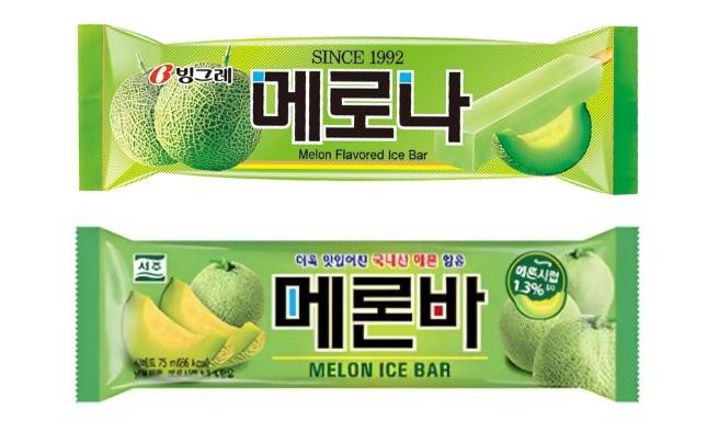 빙그레 메로나(위)와 서주 메론바. 각 사 제공