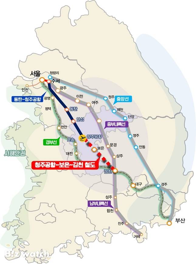 청주공항~보은~김천 철도 노선도./자료=충북도 제공