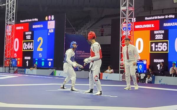 28일부터 전북 무주 태권도원에서 진행 중인 2025 세계태권도 그랑프리 챌린지에 참가한 하디 티란발리푸르가 남자 –68kg급 경기 모습. /사진=태권도진흥재단