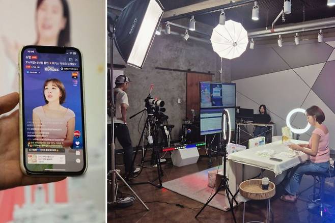 라이브커머스팀이 유니토아 스튜디오에서 네이버 쇼핑 라이브를 통해 실시간 판매를 진행하자, 시청자들의 댓글이 올라오고 있다. 메인비즈협회