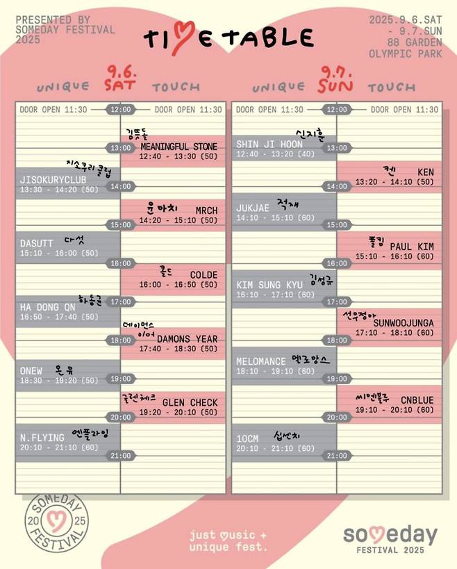 ‘썸데이 페스티벌’ 최종 라인업 및 타임테이블 (제공: Someday Festival 운영사무국)