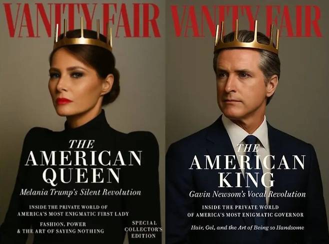 도널드 트럼프 미국 대통령의 부인 멜라니아(왼쪽 사진), 트럼프 대통령과 적대 관계인 개빈 뉴섬 캘리포니아 주지사를 모델로 한 미국 패션지 ‘배니티 페어’의 가상 표지. 사진 출처 ‘X’