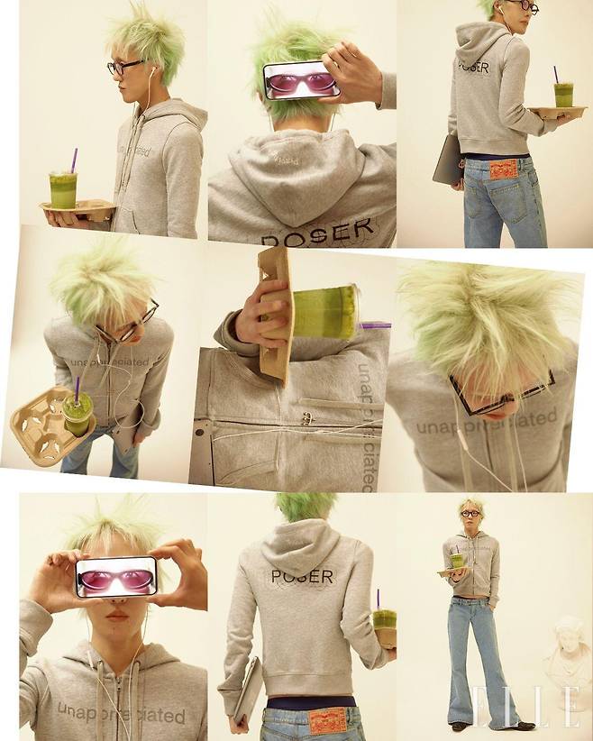 뒷면에 ‘POSER’를 프린트 작업한 후디드 집업은 Praying. 리메이크된 팬츠는 Egonlab. 슈즈와 안경은 모두 아티스트 소장품.