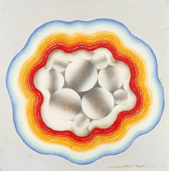 무제(1969). 뉴욕시절 기하학적 추상을 시도했던 작품 중 하나다. 인간의 장기와 세포를 연상시키는 모양, 물방울의 원형이 되는 '구체'의 형상이 뒤섞여 있다.