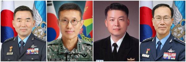 왼쪽부터 합참의장에 내정된 진영승 전략사령관, 육군총장에 내정된 김규하 미사일전략사령관, 해군총장에 내정된 강동길 합참 군사지원본부장, 공군총장에 내정된 손석락 공군 교육사령관. [국방부 제공]