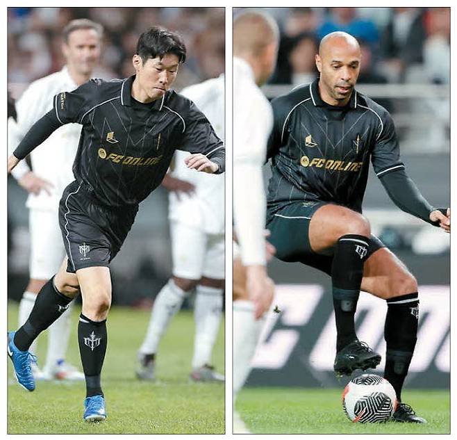 지난해 아이콘매치에서 페널티킥을 차고 있는 박지성(왼쪽)과 공을 몰고 돌파하고 있는 티에리 앙리.  넥슨