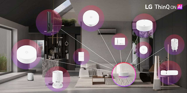 LG전자가 이달 5일 독일서 열리는 ‘IFA 2025’에서 AI홈 허브 ‘LG 씽큐 온’으로 집 안팎의 AI가전과 IoT 기기를 하나로 연결하는 통합 AI홈 솔루션을 선보입니다. 사진은 ’LG 싱큐 온‘과 ’LG IoT 디바이스‘ 9종. [LG전자 제공]