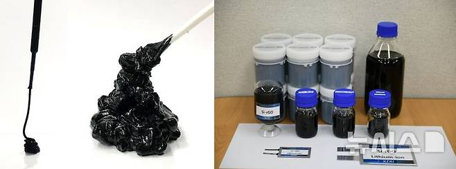 [창원=뉴시스]'수(水)계 분산 기술(왼쪽)'을 기반으로 제조된 '리튬이온전지용 실리콘그래핀 복합 음극재.(자료=한국전기연구원 제공) 2025.09.01. photo@newsis.com