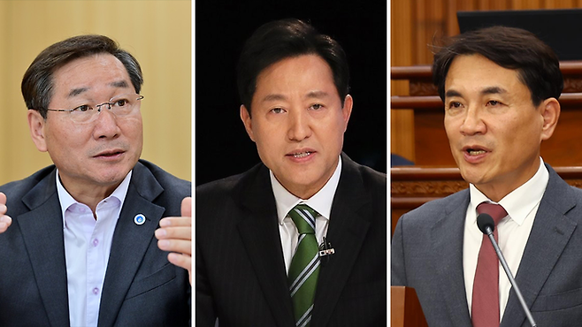왼쪽부터 유정복 인천광역시장, 오세훈 서울특별시장, 김진태 강원도지사. 사진=연합뉴스