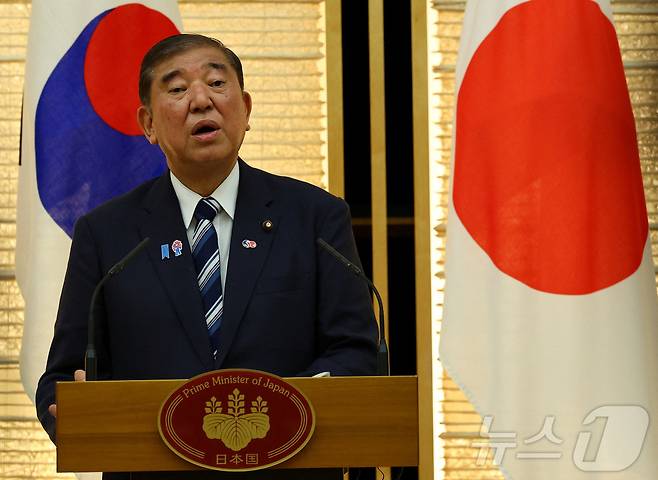 지난달 23일 이시바 시게루 일본 총리가 도쿄 총리관저에서 이재명 대통령과 가진 공동 기자회견에서 발언하고 있다. 2025.08.23 ⓒ 로이터=뉴스1 ⓒ News1 김지완 기자