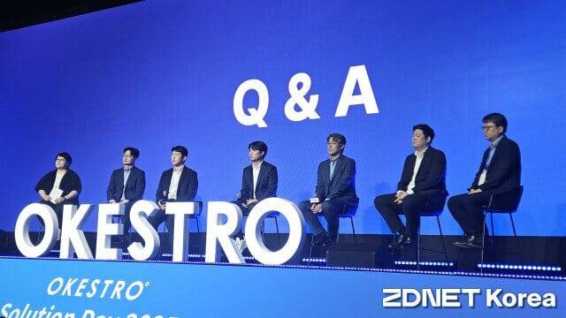 (왼쪽부터) 박소아 오케스트로 클라우드 대표, 서영석 솔루션전략본부장, 이유종 플랫폼개발본부장, 김영광 대표, 박의규 인공지능연구소장, 김성구 데브옵스개발본부장, 정재헌 오케스트로 AGI 대표