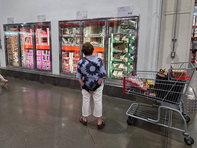 일본 치바에 있는 한 코스트코 매장에서 고객이 비비고 만두가 진열된 만두 매대를 둘러보고 있다. /김윤주 기자