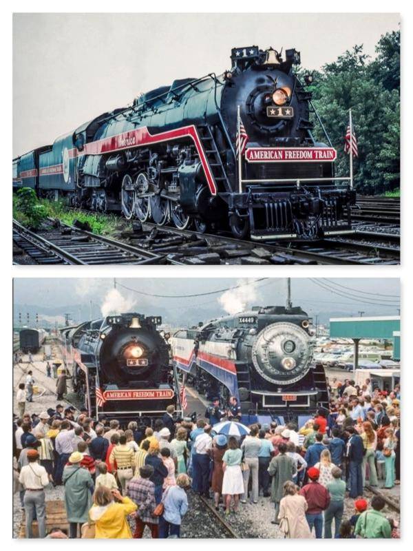 건국 200주년이던 1975~76년 롤런드가 부활시킨 미국 역사 교육용 특별 증기기관차 'American Freedom Train'(사진 위)과 그 열차를 보기 위해 구경 나온 시민들. AFT는 뉴욕을 출발 48개 주 138개 도시를 순회했다. 미국 railroad history archive.