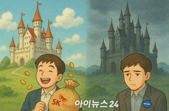 챗GPT로 '성과급에 희비가 엇갈린 메모리 2톱 기업'의 모습을 그린 그림. [사진=챗GPT]