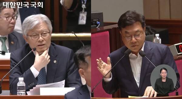 ▲최동석(왼쪽) 인사혁신처장이 1일 국회 예결위 회의에서 김경수 지방시대 위원장, 김동연 경기도지사, 임종석 전 청와대 비서실장 등 여권인사들을 두고 고위공직자를 해서는 안 된다고 폄훼하고 있다. 사진=국회 영상회의록