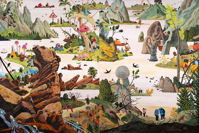 임현정의 두폭화 'Red Rocks and Buddhas'(2025). 아뜰리에 아키