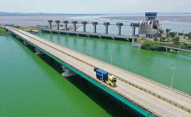 경기 평택시 현덕면 평택호 하류에 녹조 현상이 나타나고 있다.  Copyright (C) 뉴스1. All rights reserved. 무단 전재 및 재배포,  AI학습 이용 금지. /사진=뉴스1